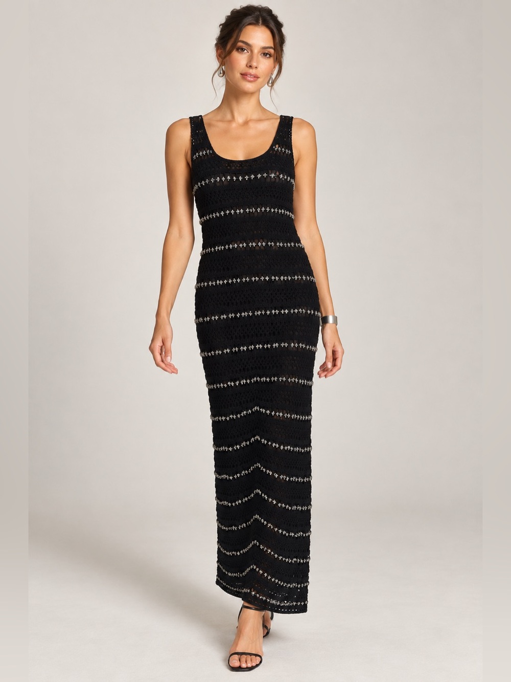 Zara Black Crochet Knit Beaded Maxi Dress Size S Sleeveless Evening Y2K
